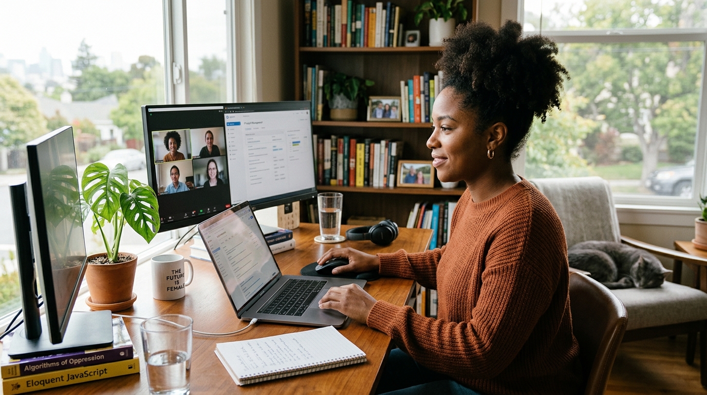 A woman with a remote job