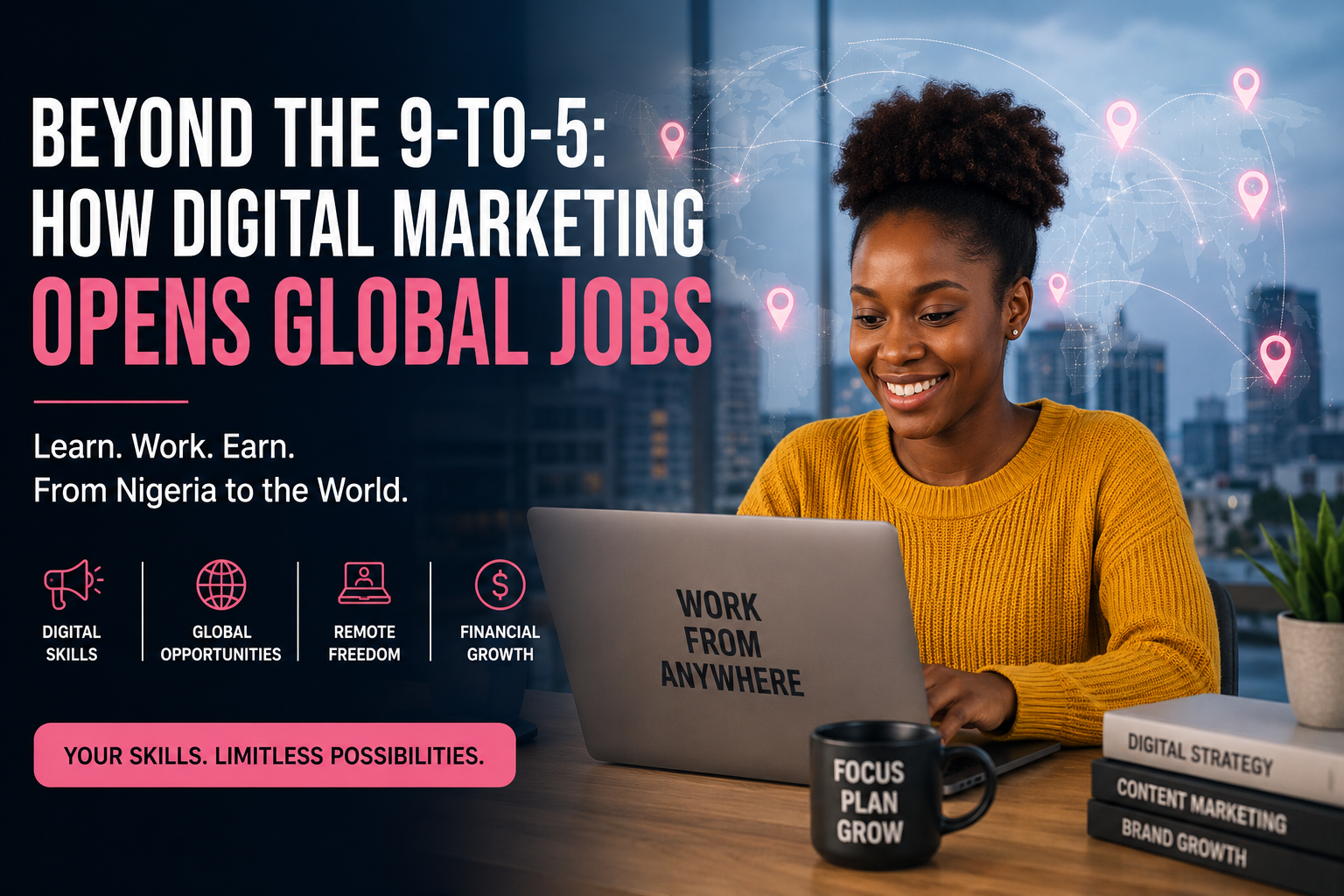 A modern, professional scene showing a Nigerian professional working remotely on a laptop while exploring digital marketing opportunities.