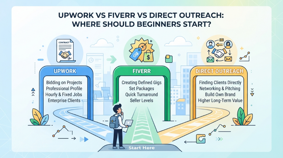 Upwork vs Fiverr vs Direct outreach comparison fot freelancers and virtual assistants. 
