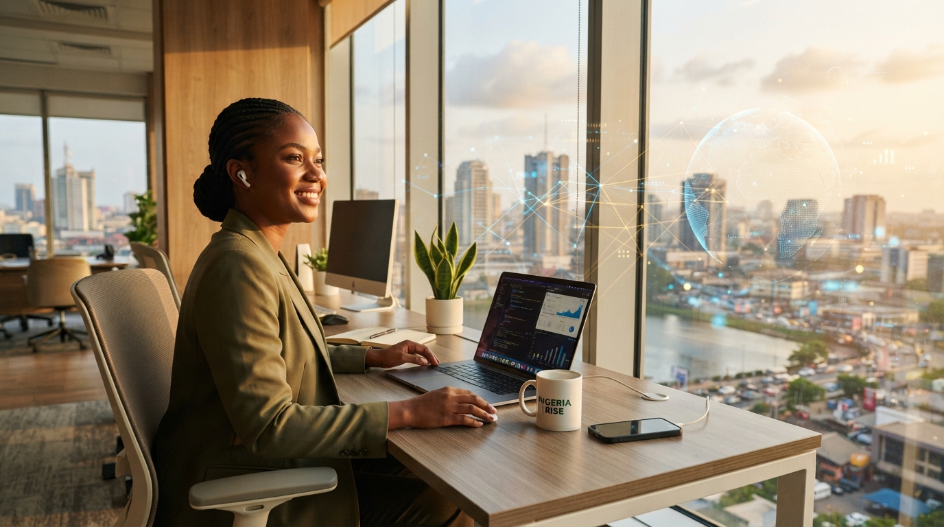 Young Nigerian remote worker using a laptop, representing the future of digital careers, freelancing and remote work opportunities. 