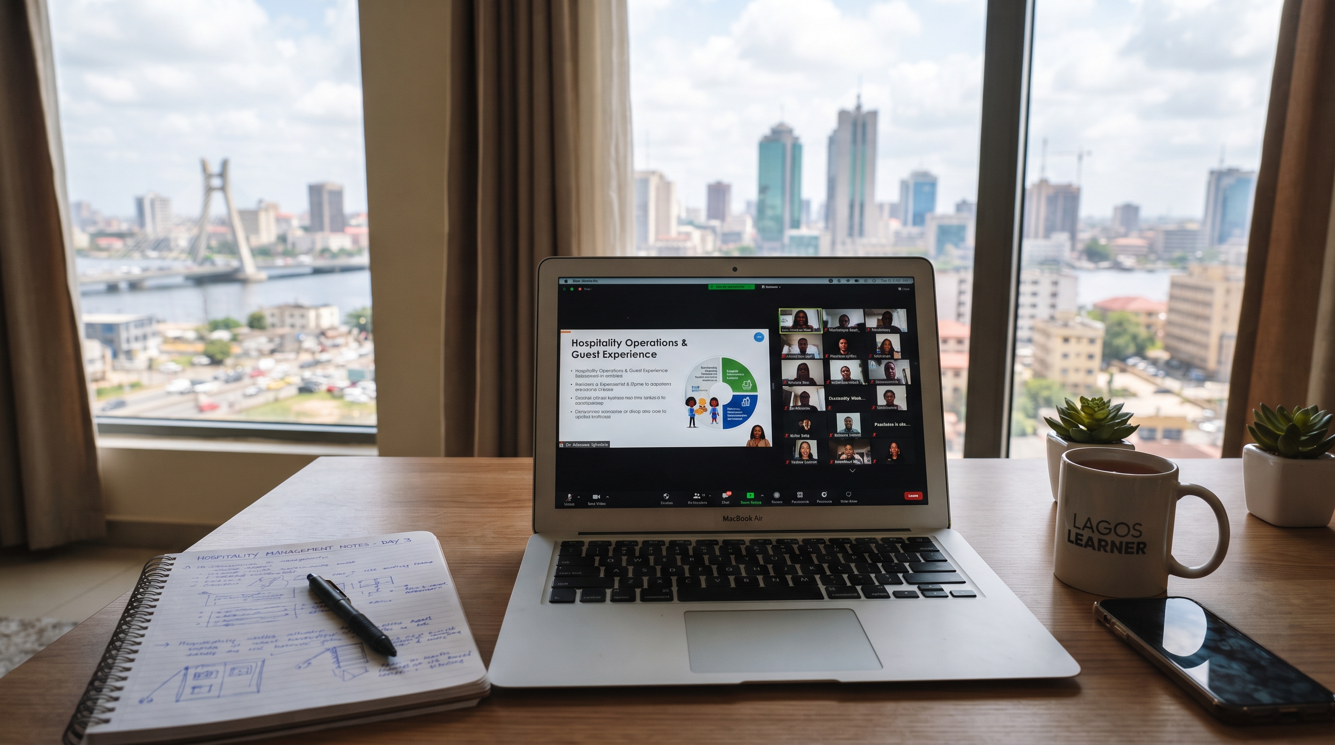 Student attending an online hospitality management course based in Lagos on a laptop