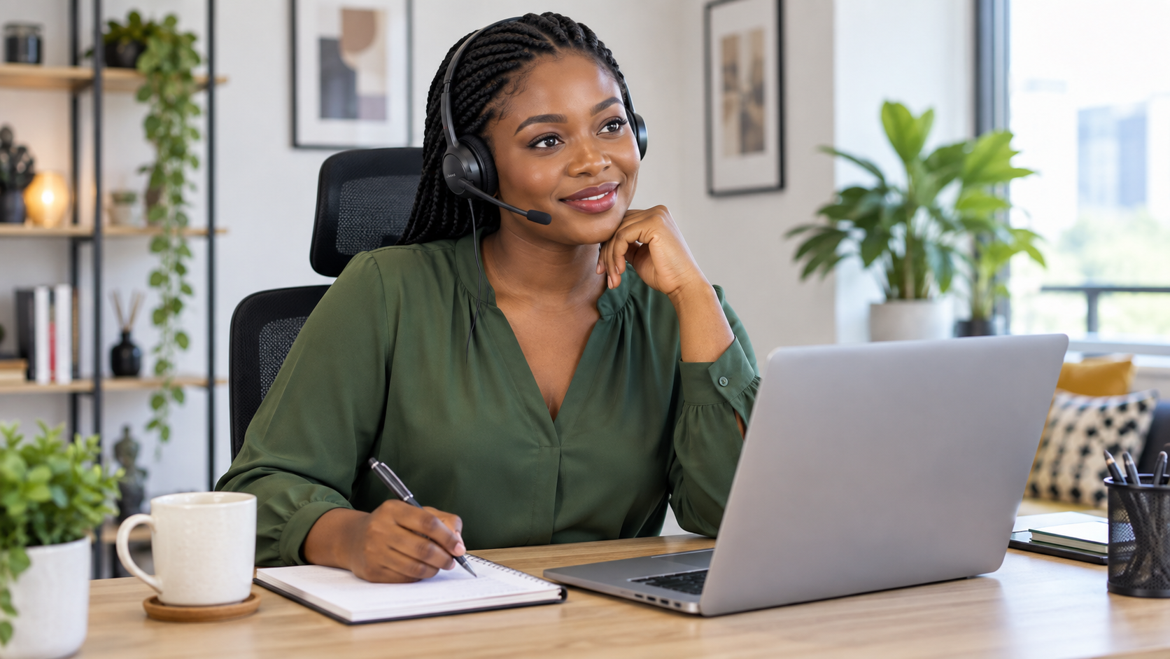 A Nigerian customer service professional listens on a headset at a laptop