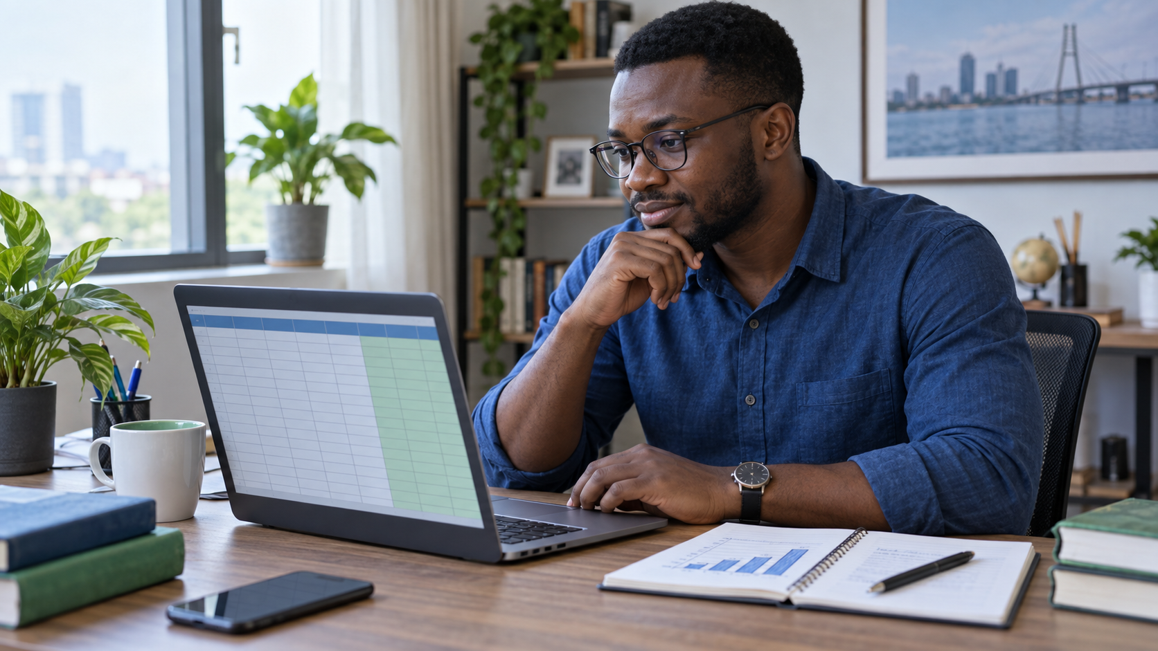 A Nigerian analyst reviews spreadsheet data on a laptop at a desk