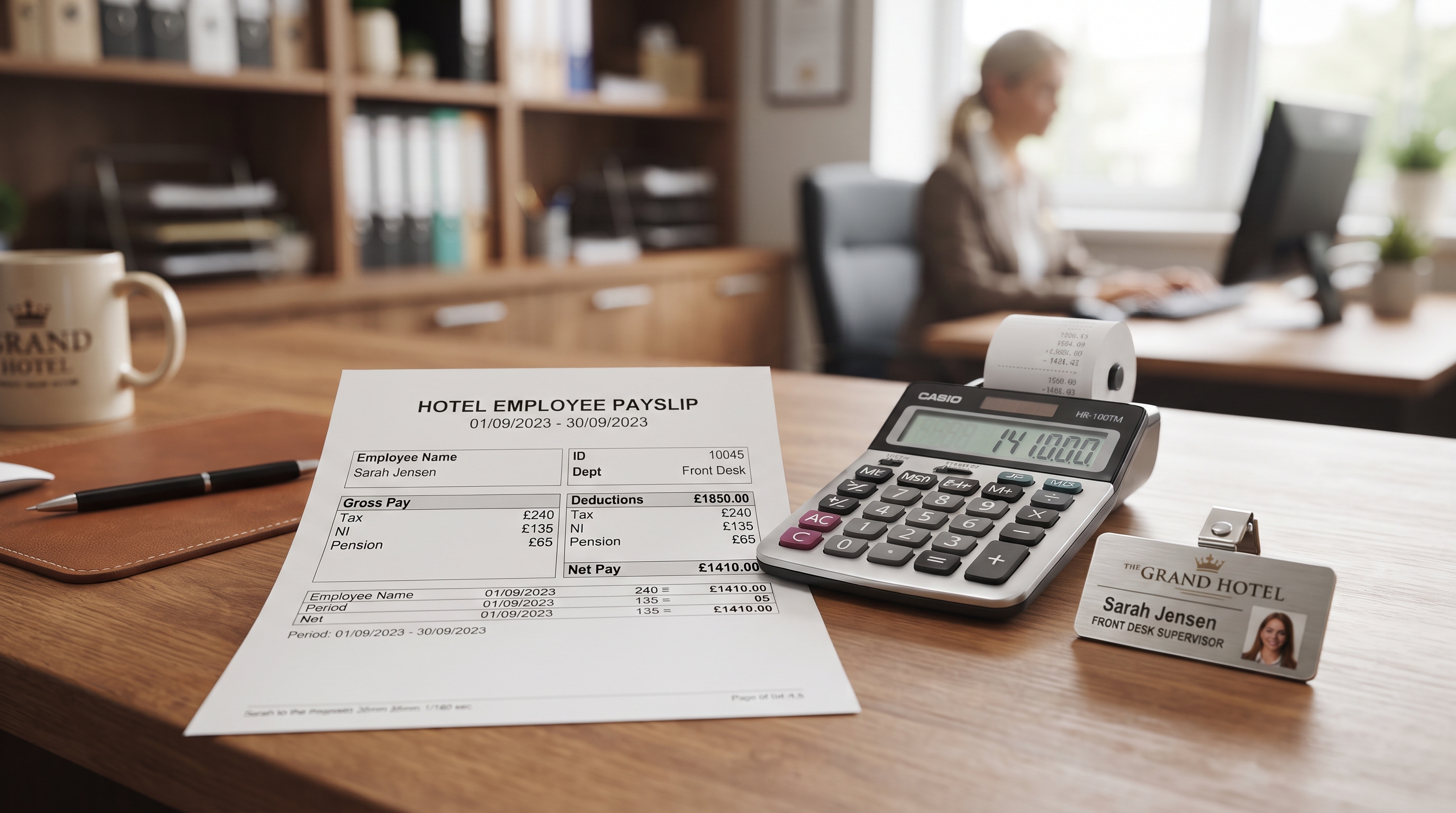  Hospitality salary planning items including a calculator and hotel staff name badge
