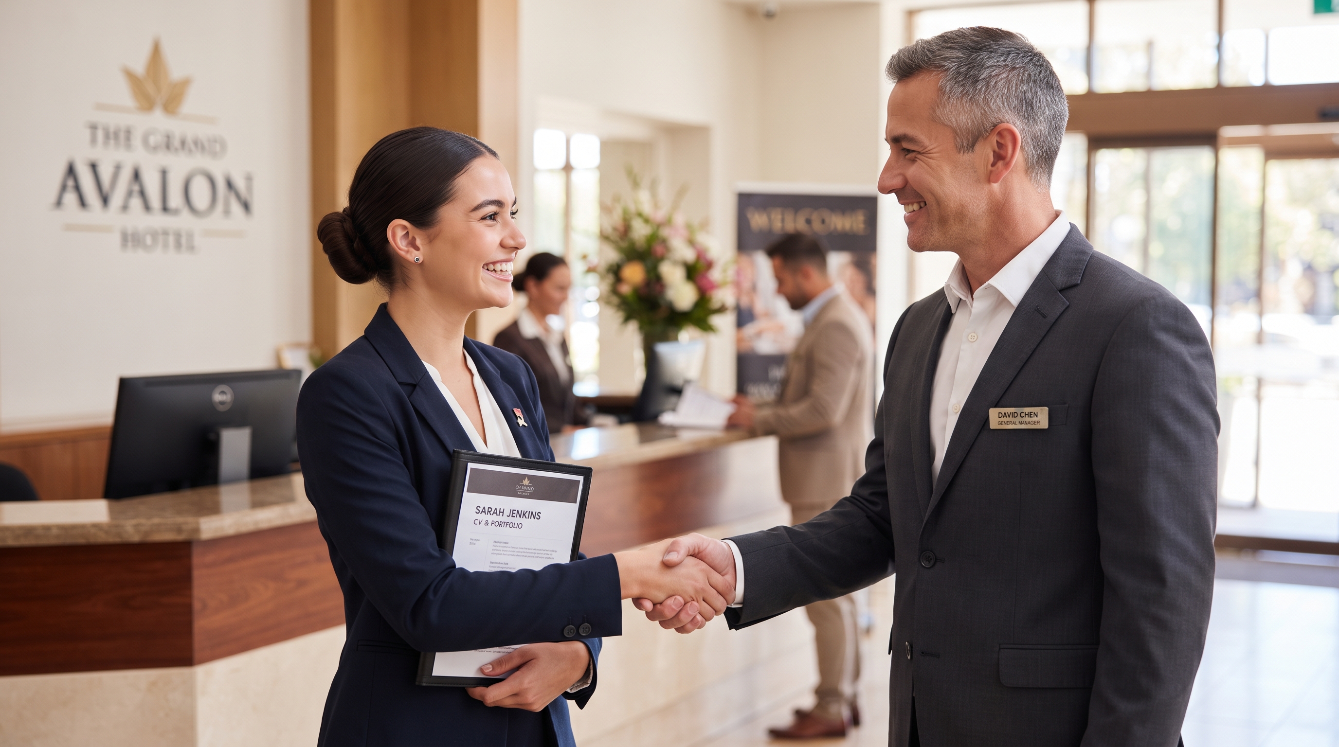 Hospitality graduate shaking hands with a hotel manager during a job interview in Nigeria