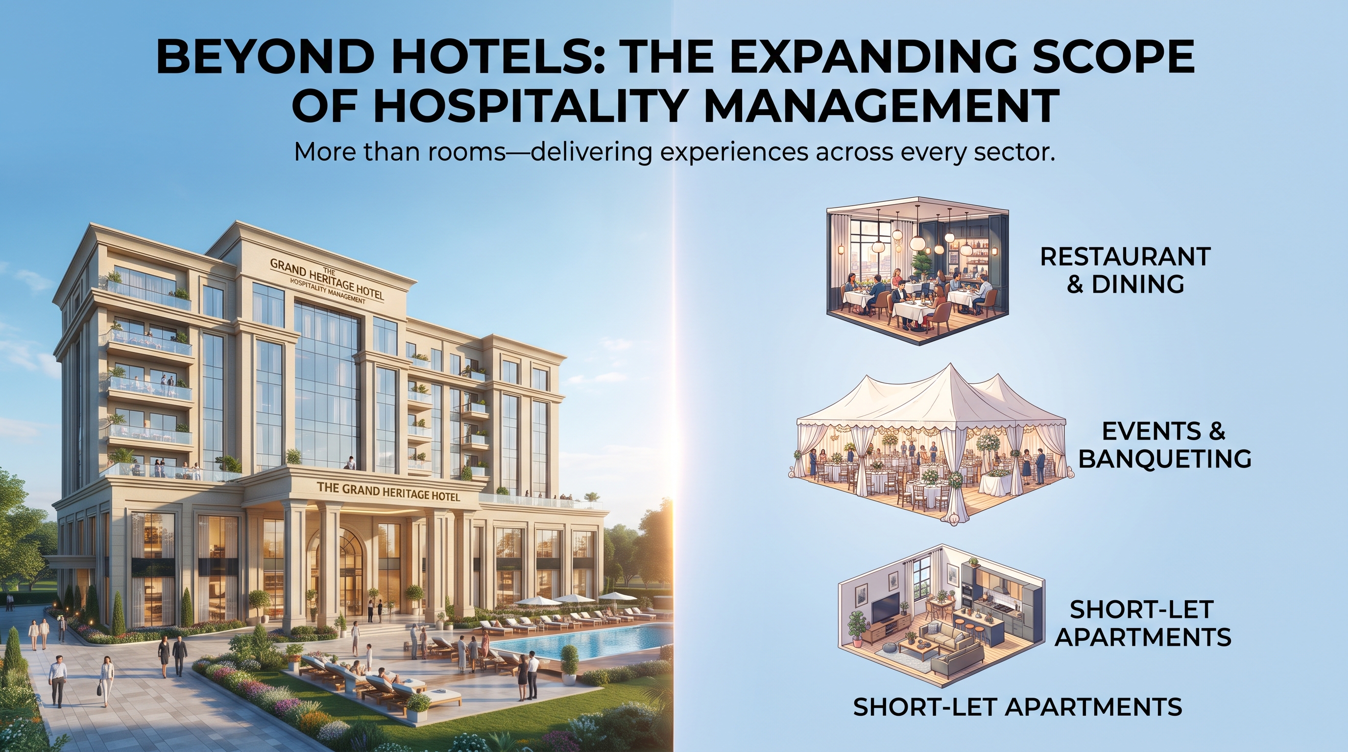 Visual comparison of hotel management scope versus broader hospitality management scope