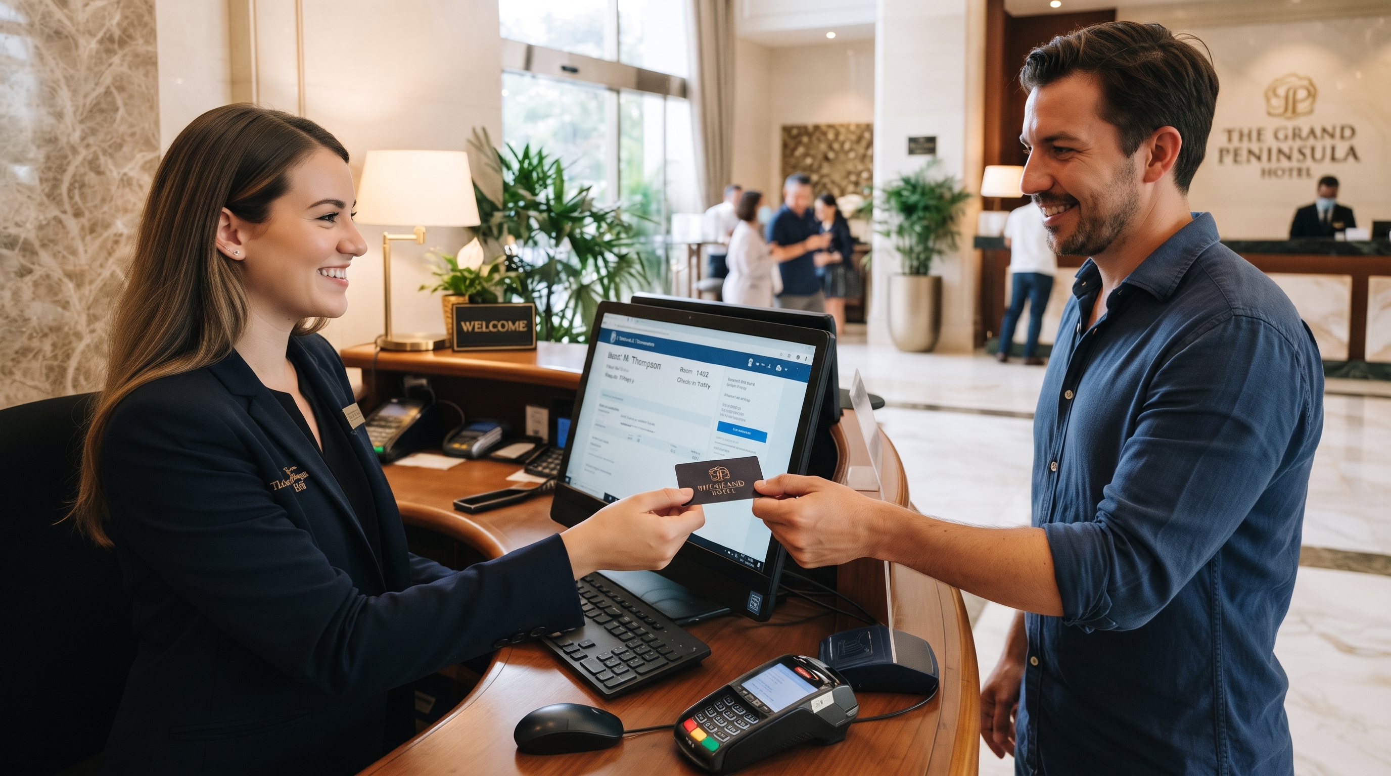 Hotel front desk officer completing guest check-in with a key card