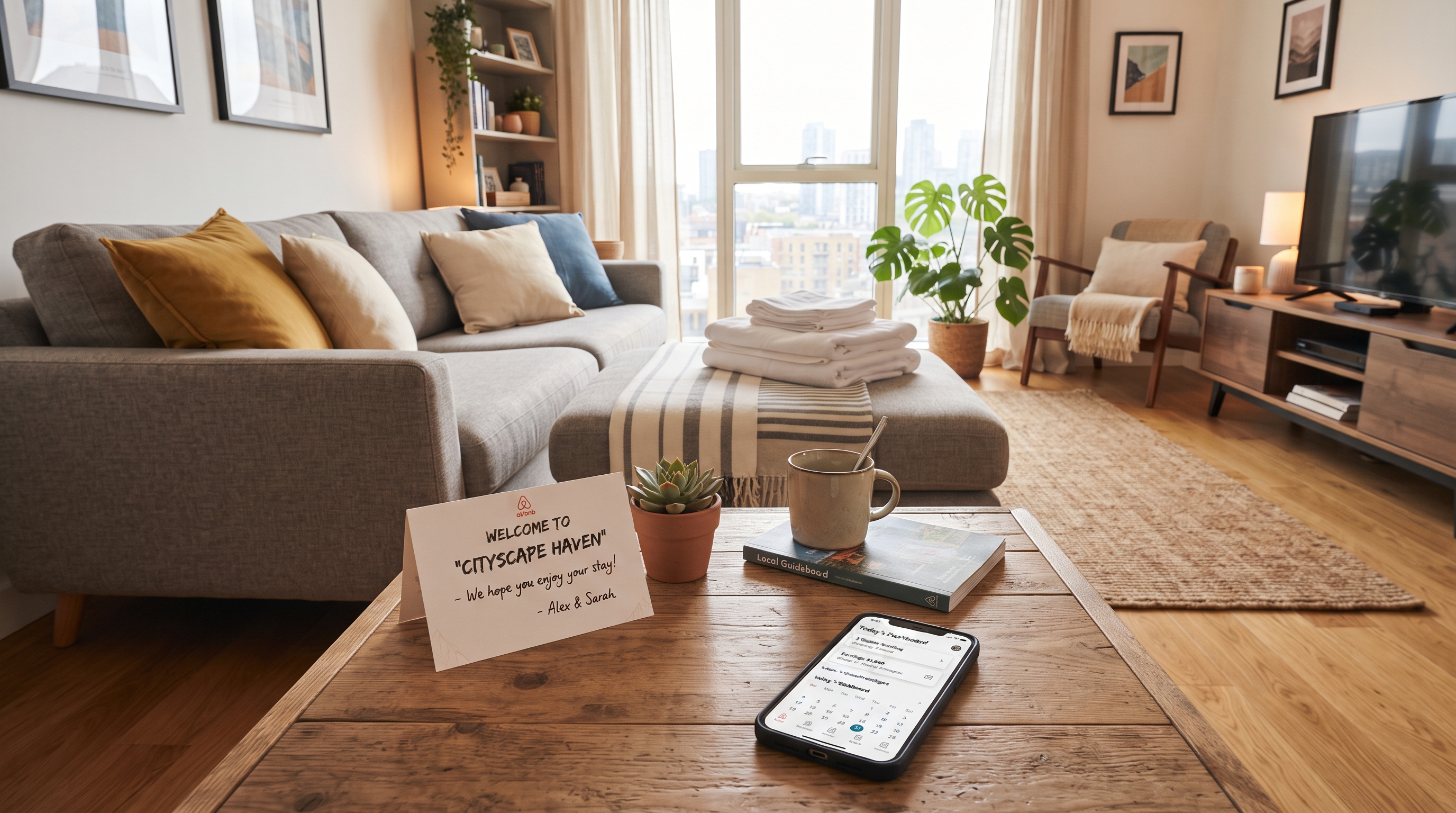Professionally staged short-let apartment with Airbnb host dashboard visible on a smartphone