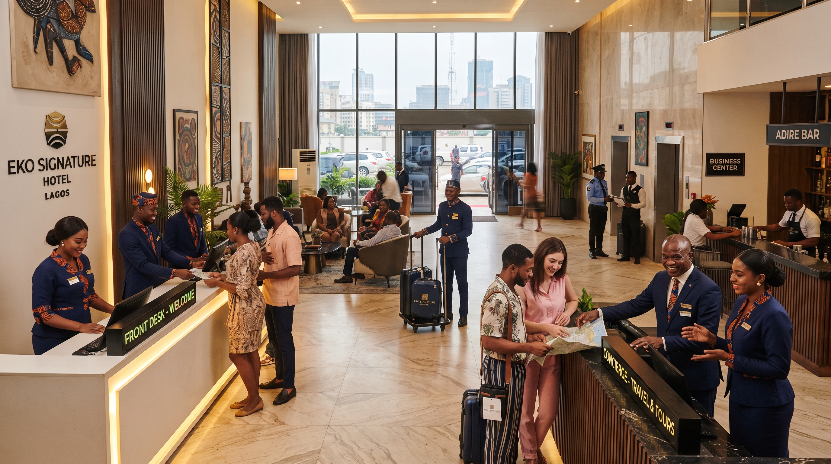 Lagos hotel lobby showing multiple hospitality management job roles including front desk, concierge, and guest relations positions.