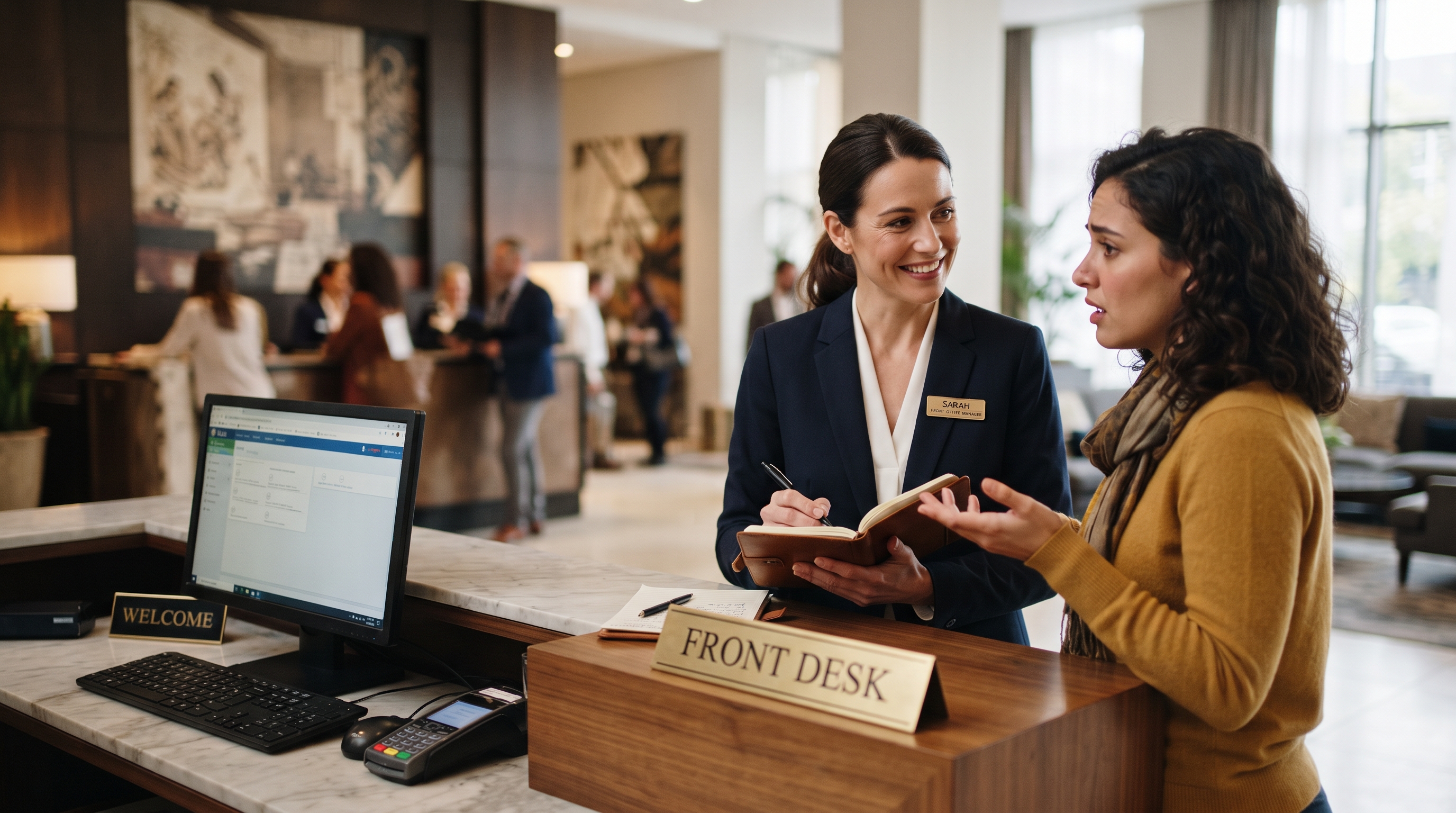 Hotel manager demonstrating how to handle guest complaints professionally at the front desk