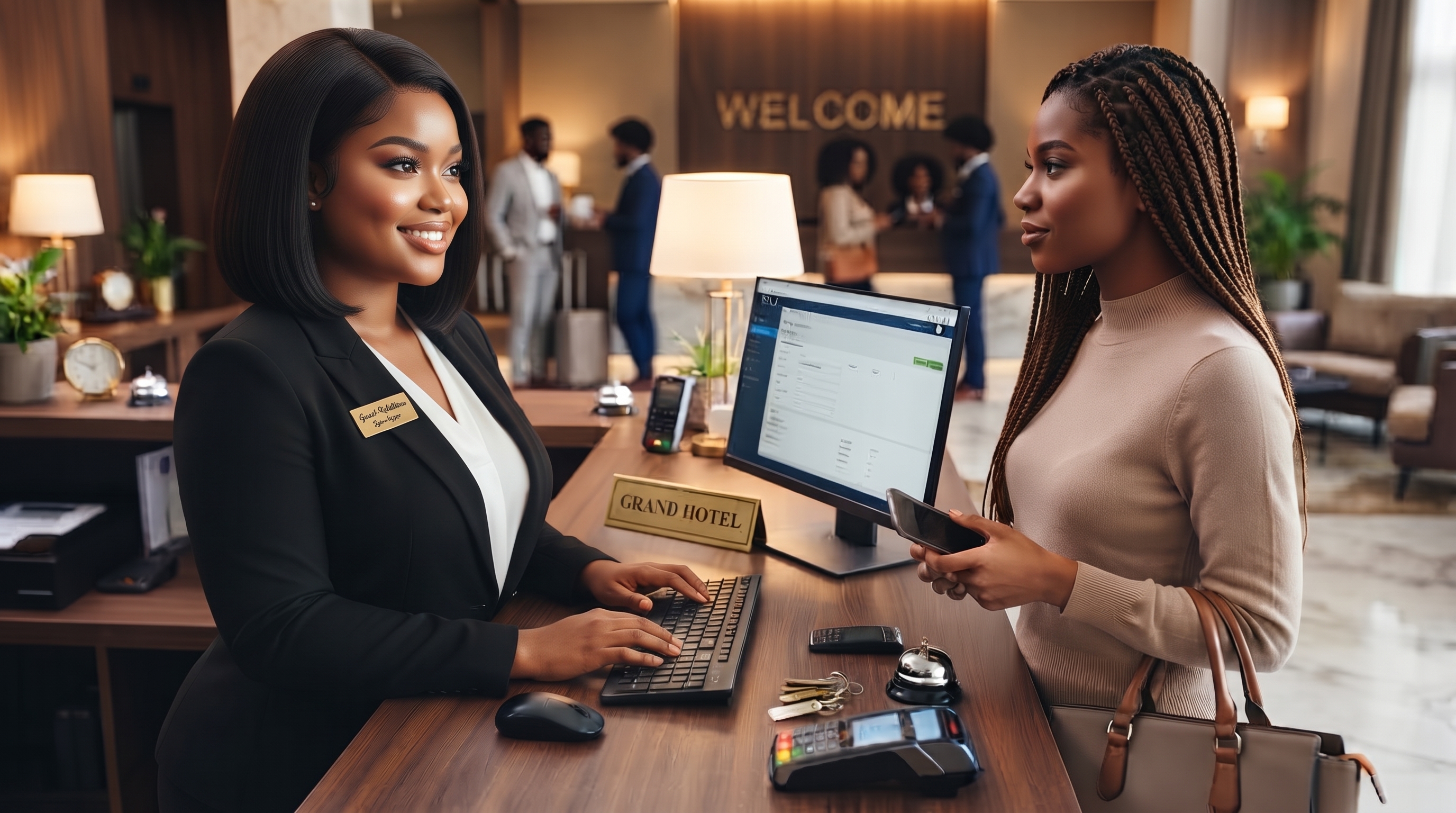 Hotel front desk agent demonstrating key front office skills while checking in a guest using property management system software