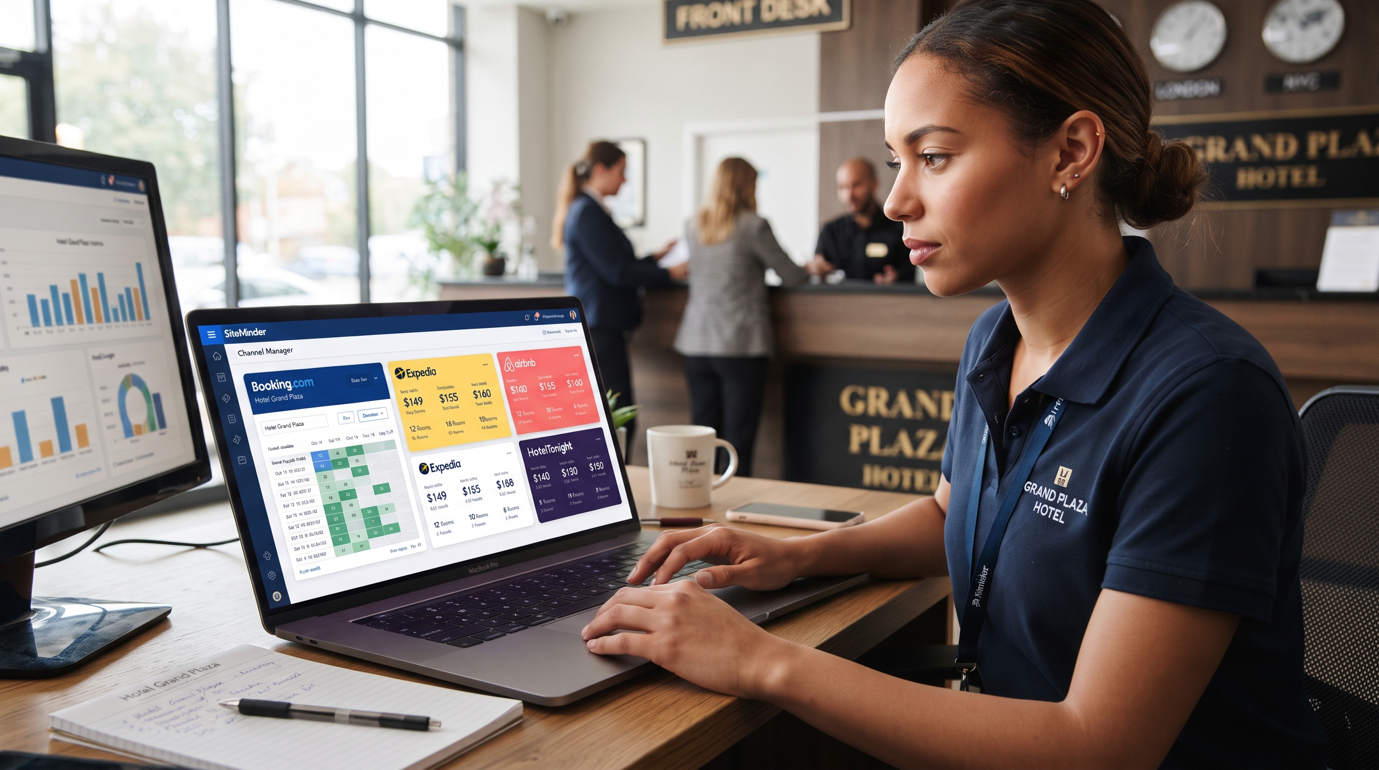 OTA channel manager updating hotel room rates and availability across multiple online booking platforms on a laptop screen.