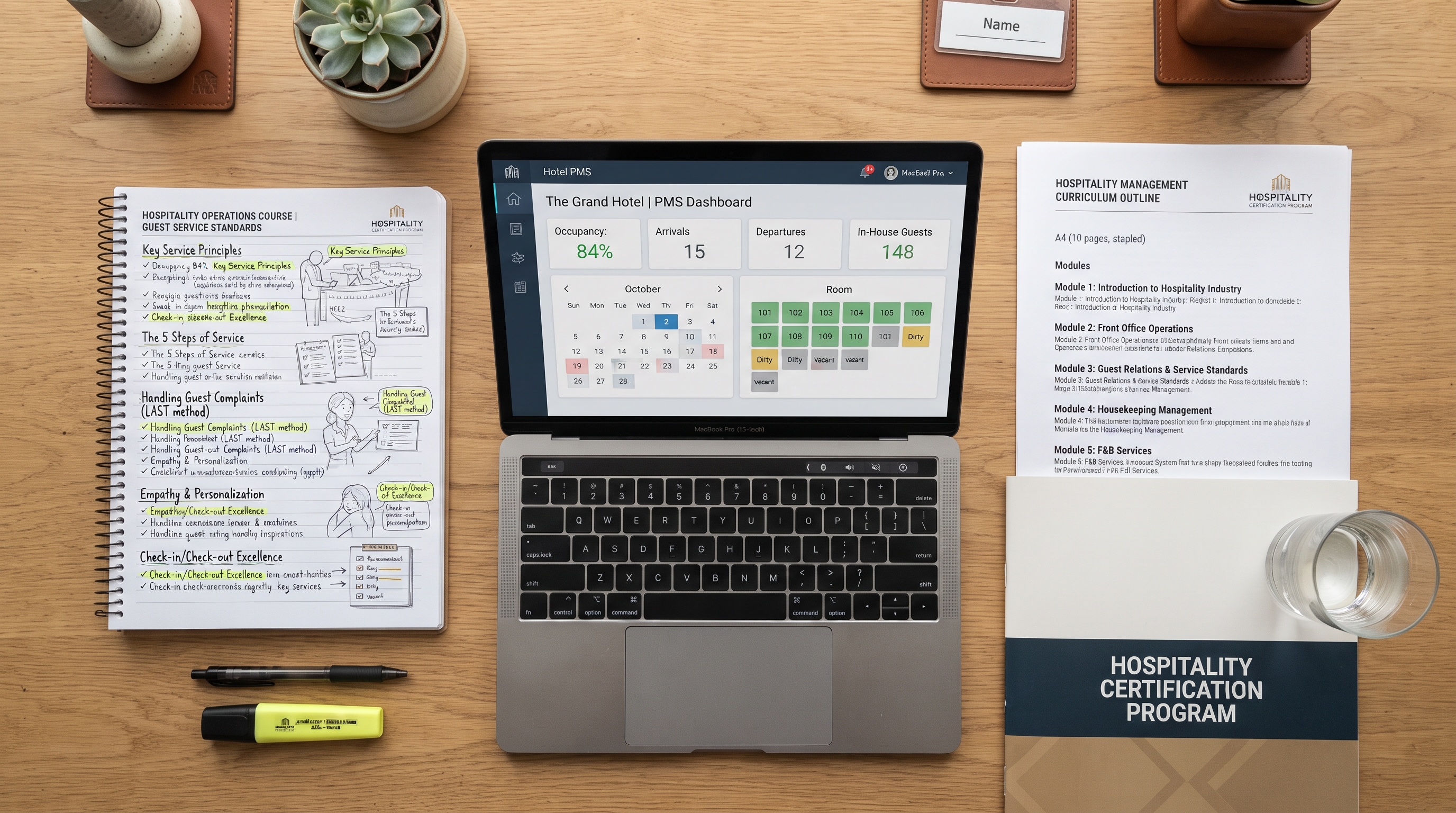 An organized flat-lay of hospitality course materials including a curriculum outline, laptop showing a PMS dashboard, and notes on guest service standards.