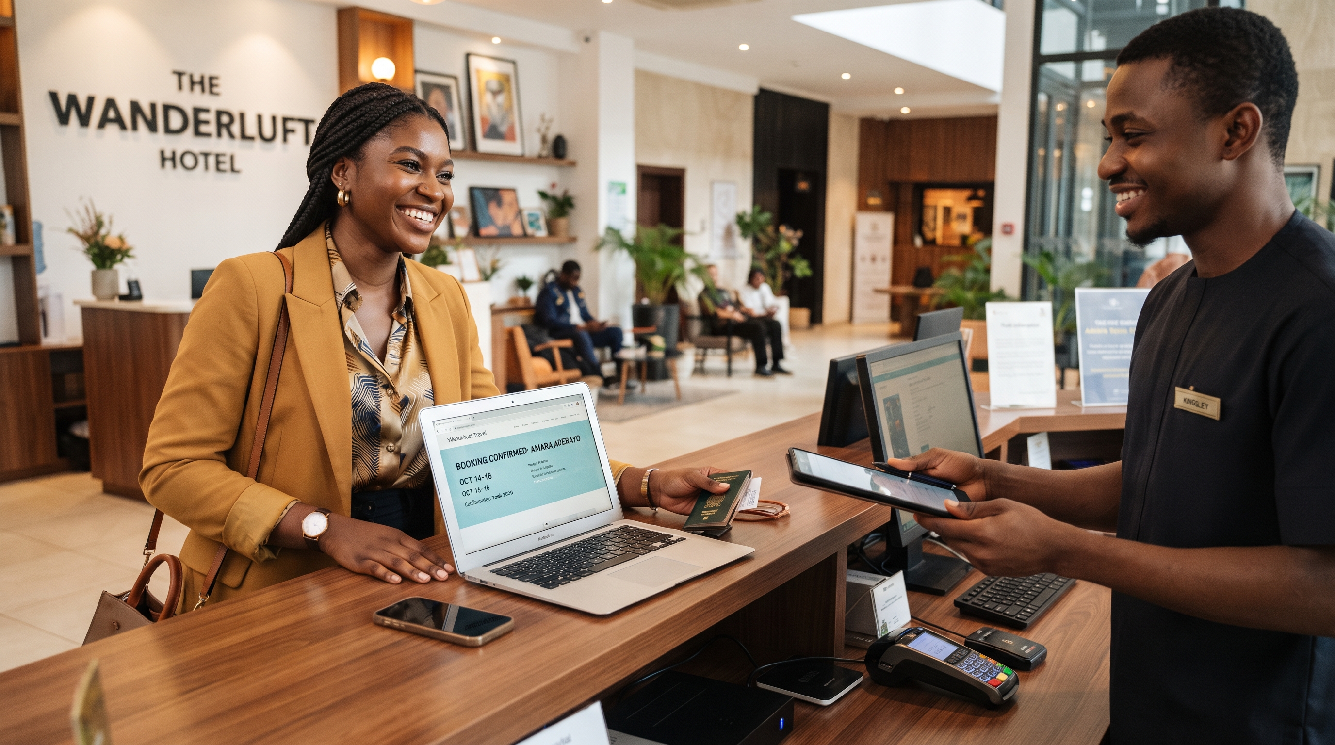  Nigerian hospitality management graduate working at a hotel front desk after completing a certificate course