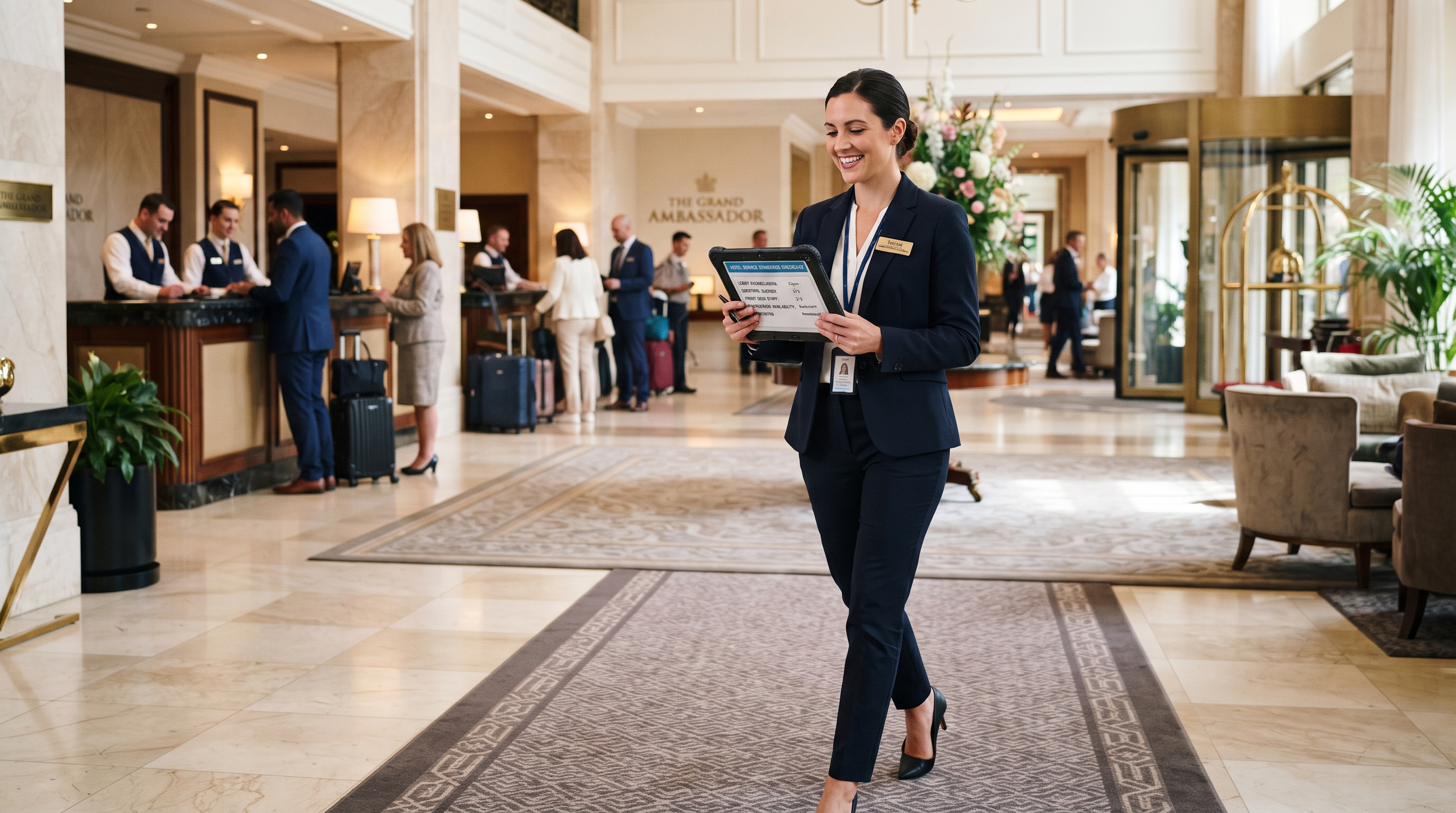 Hospitality staff conducting a guest experience audit checklist in a hotel lobby