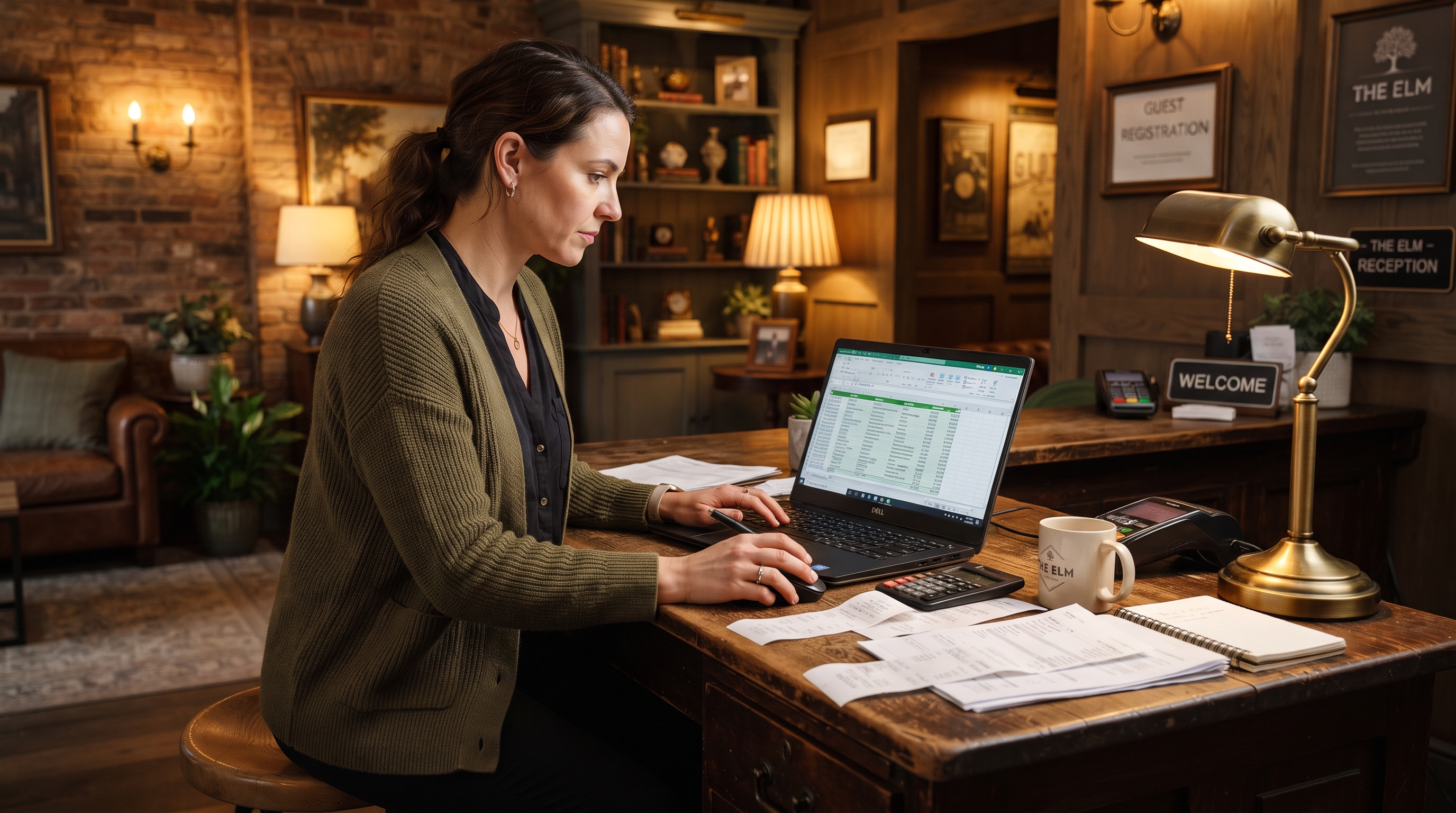 A small hotel or short-let owner reviewing expense spreadsheets and receipts on a laptop at a reception desk