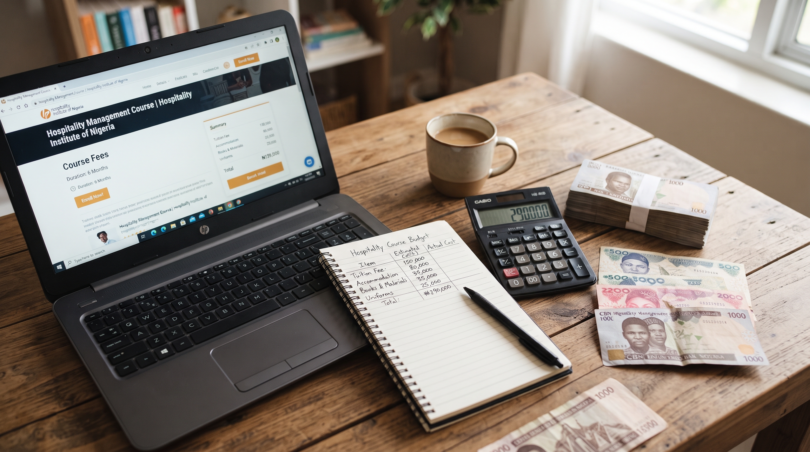 Nigerian naira notes and a laptop illustrating the cost of studying hospitality management in Nigeria.