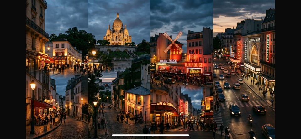 Panorama de nuit : Sacré-Cœur, Moulin Rouge, théâtres et rues de Montmartre et Pigalle