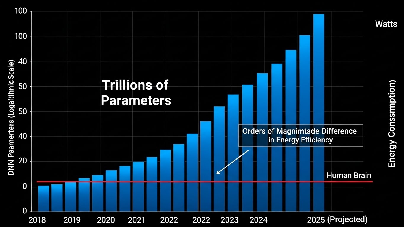 A bar chart showing the exponential increase in DNN parameters from 2018 to 2025 (projected), contrasting sharply with a flat line representing the relatively stable energy consumption of the human brain. Text overlays emphasize Trillions of Parameters and Orders of Magnitude Difference in Energy Efficiency.