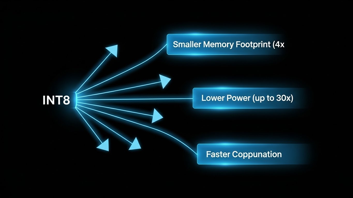 Two columns comparing FP32 and INT8. The FP32 column shows a complex floating-point number. The INT8 column shows a simpler integer. Arrows point from INT8 to benefits like Smaller Memory Footprint (4x), Lower Power (up to 30x), and Faster Computation.