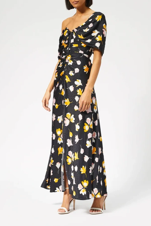 Off-Shoulders Maxi Dress with Floral Appliqué - Black