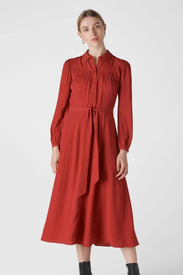 Red Smocked Yoke Shirt Dress, WHISTLES