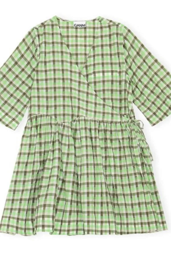 ganni seersucker green dress Seersucker Check Gathered U-Neck Midi Dress in Lagoon main image 1