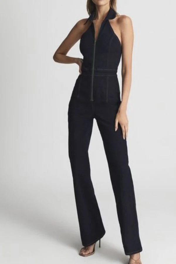 Rent REISS denim halter jumpsuit - Reiss | HURR