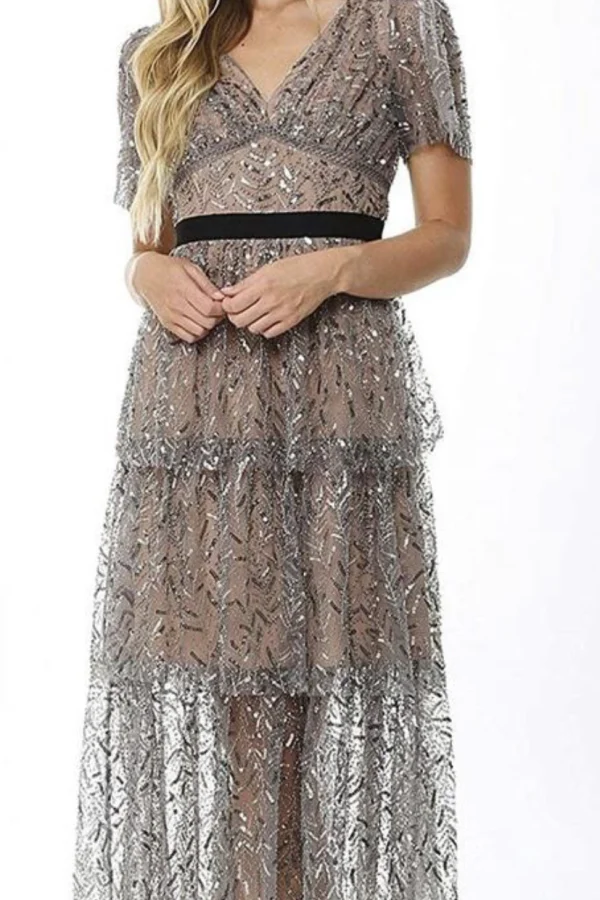 self portrait leaf sequin midi dress Self-Portrait Grey Leaf Sequin Tulle Tiered Midi Dress M Self-Portrait