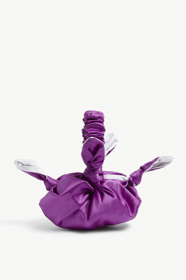Roop up cycled furoshiki folded origami style bag in purple satin purple with internal popper and scrunchie style hand-held handle.  