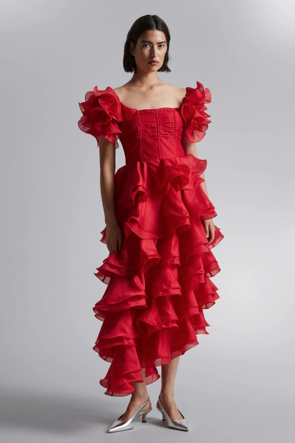 Solid Tie Waist Ruffle Midi Dress
