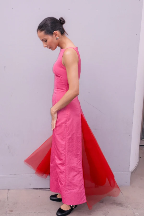molly goddard pink tulle dress MOLLY GODDARD Elodie shirred grosgrain-trimmed tulle midi dress