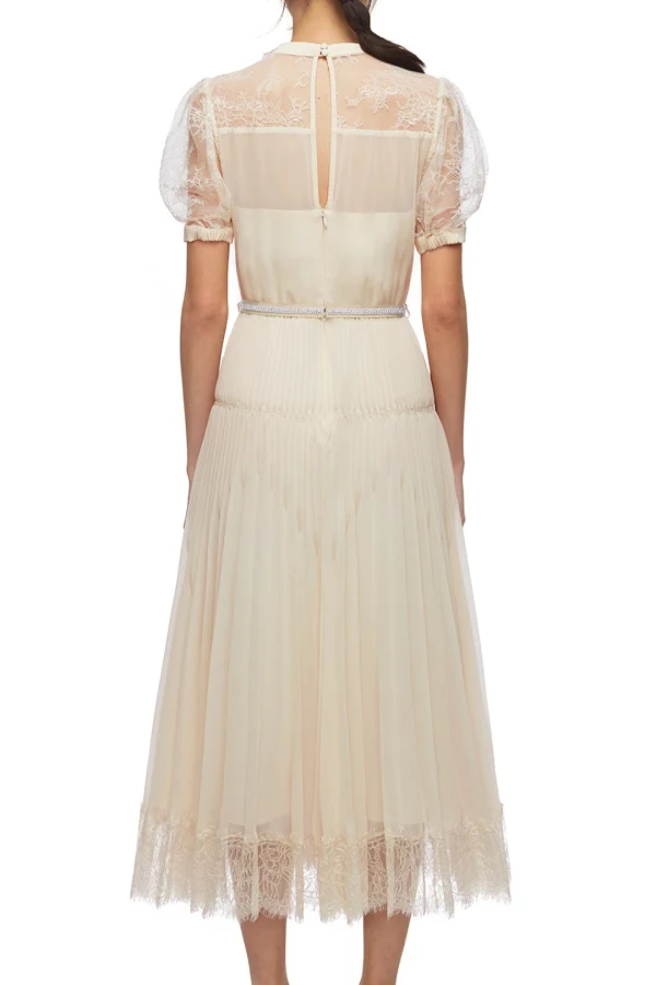 Rent Cream Lace Trim Pleated Midi - Self-Portrait | HURR