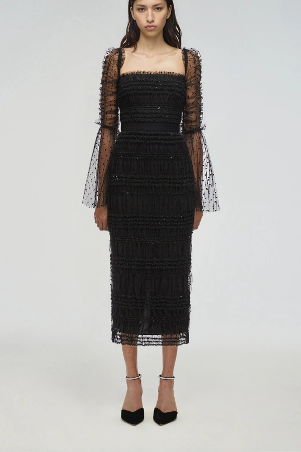 Scarf Mesh Ankle Dress Black Dotted