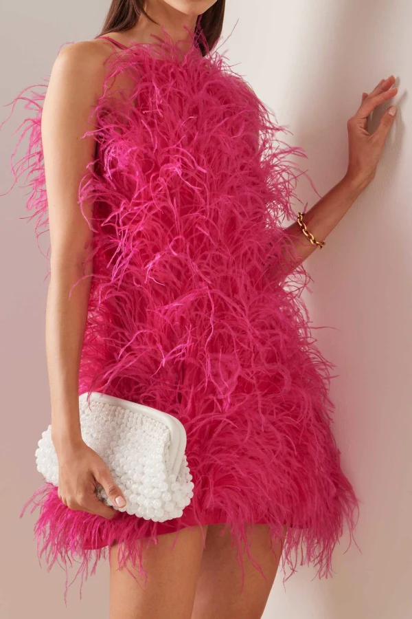 cult gaia pink feather dress Cult Gaia Shannon Feather-embellished Silk Mini Dress in Pink