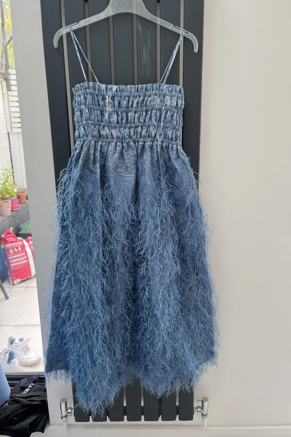 ganni blue feather dress BABY BLUE FAUX FEATHER MINI DRESS  codressing