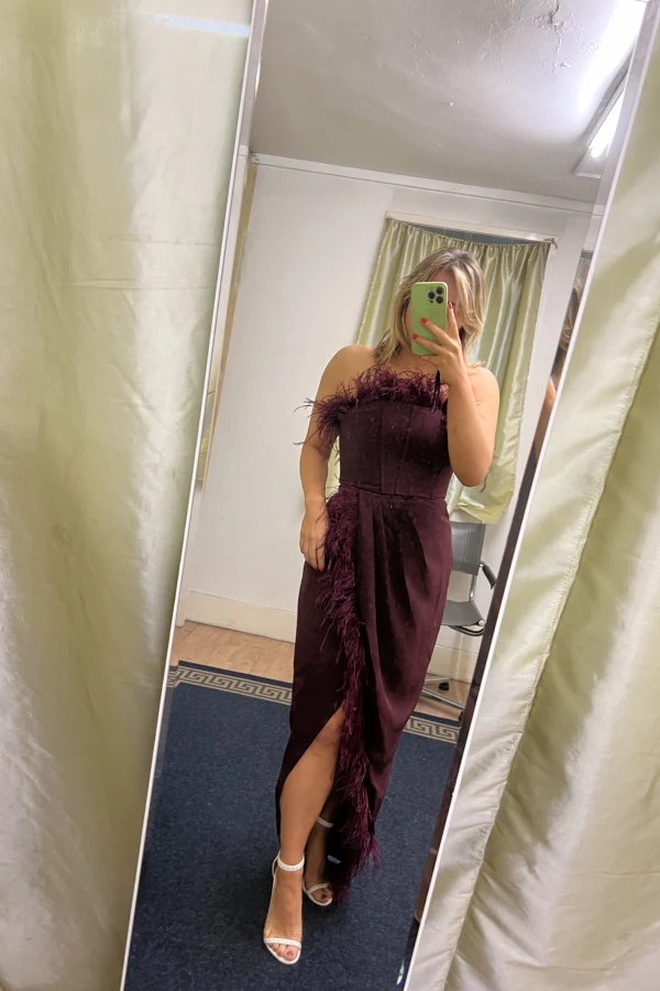 Rent Cosmo burgundy feather dress - Club L London