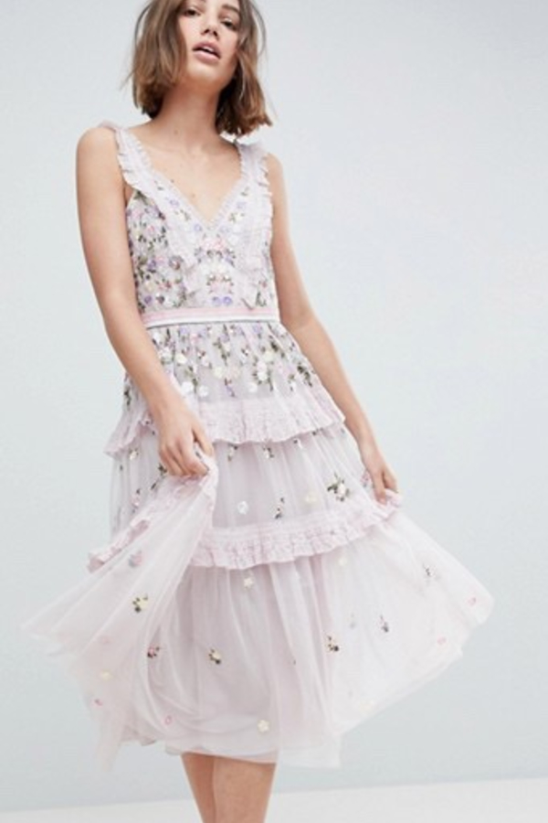 needle & thread ruffle midi dress in allover floral print