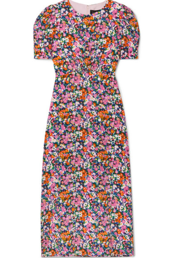 saloni bianca floral-print silk dress Saloni Bianca Printed Silk Puff Sleeve Midi Dress in Pink Rosette Size 12