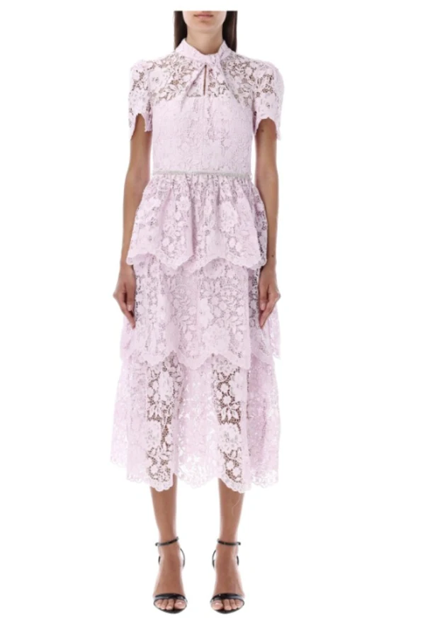 Rent PINK CORD LACE TIERED MIDI DRE - Self-Portrait | HURR
