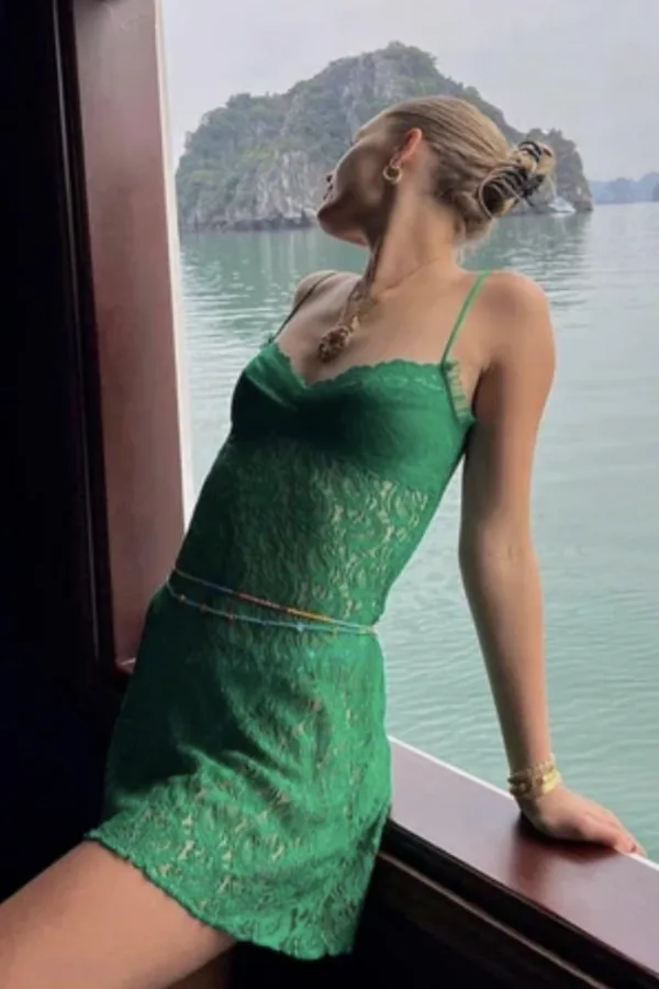 Réalisation Par ノースリーブ ミニワンピース グリーン S Rent Cindy green lace mini dress - Realisation Par | HURR