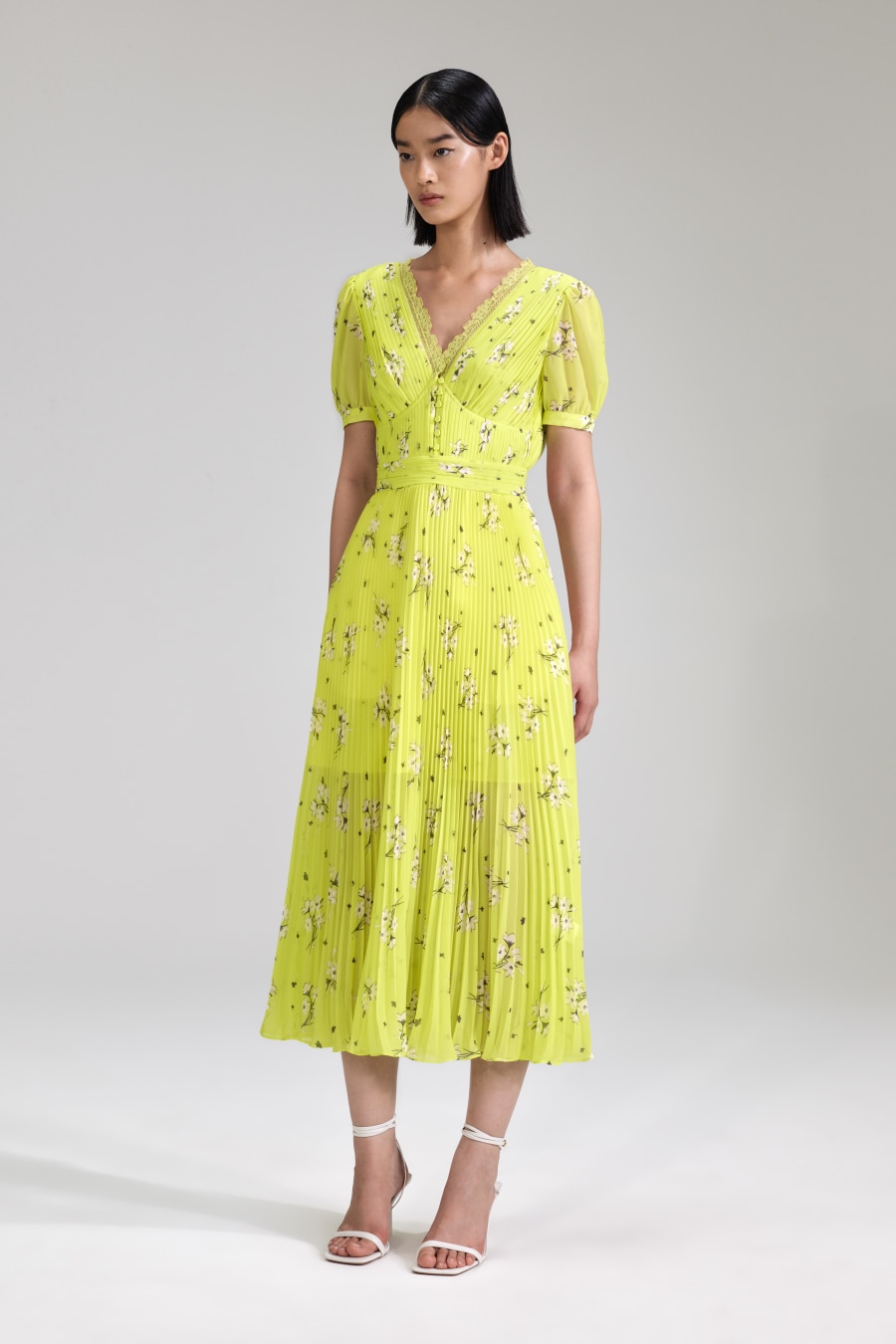 Rent Lime Floral Chiffon Midi Dress - SELF-PORTRAIT | Selfridges