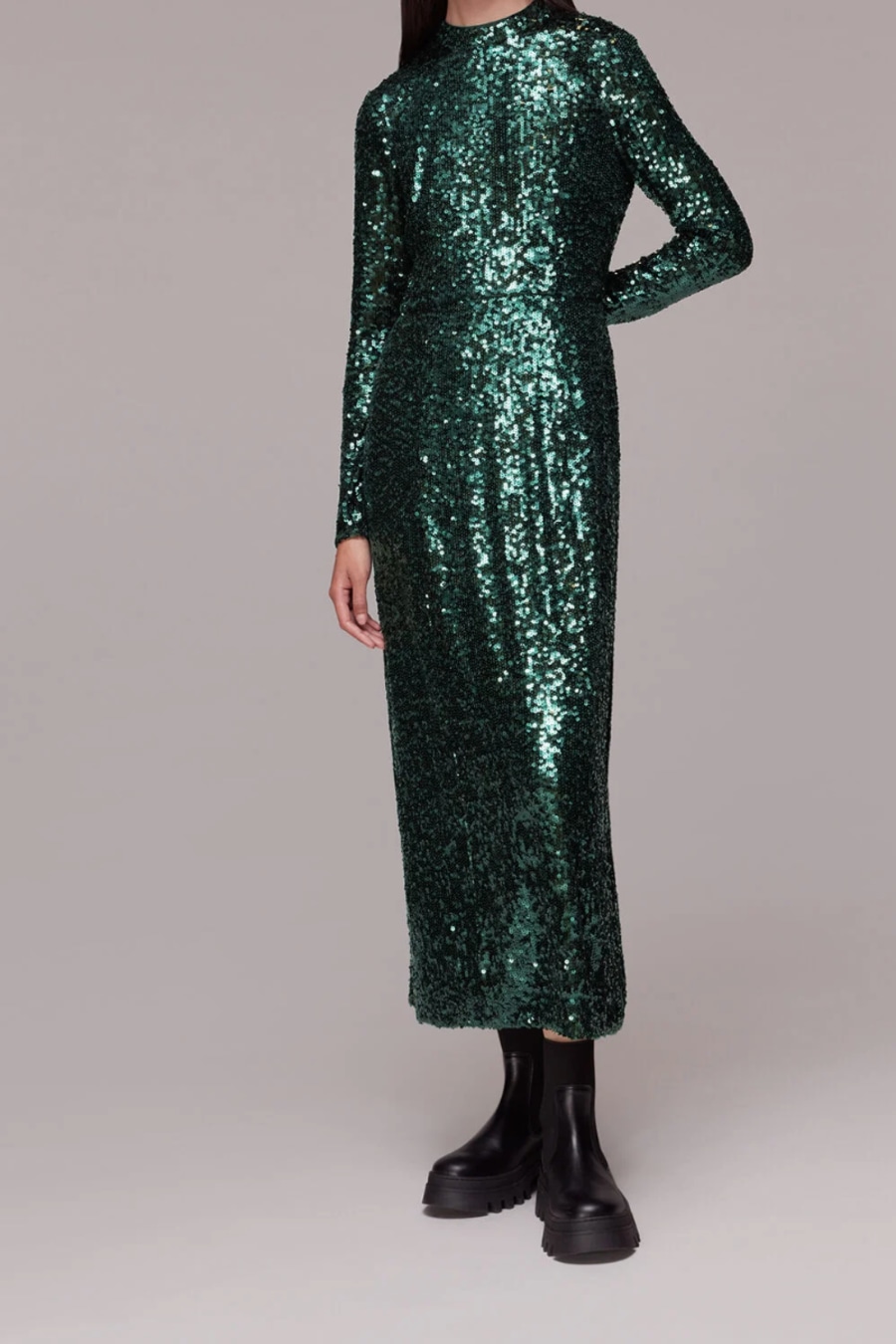 Whistles high neck midi dress in green sequin