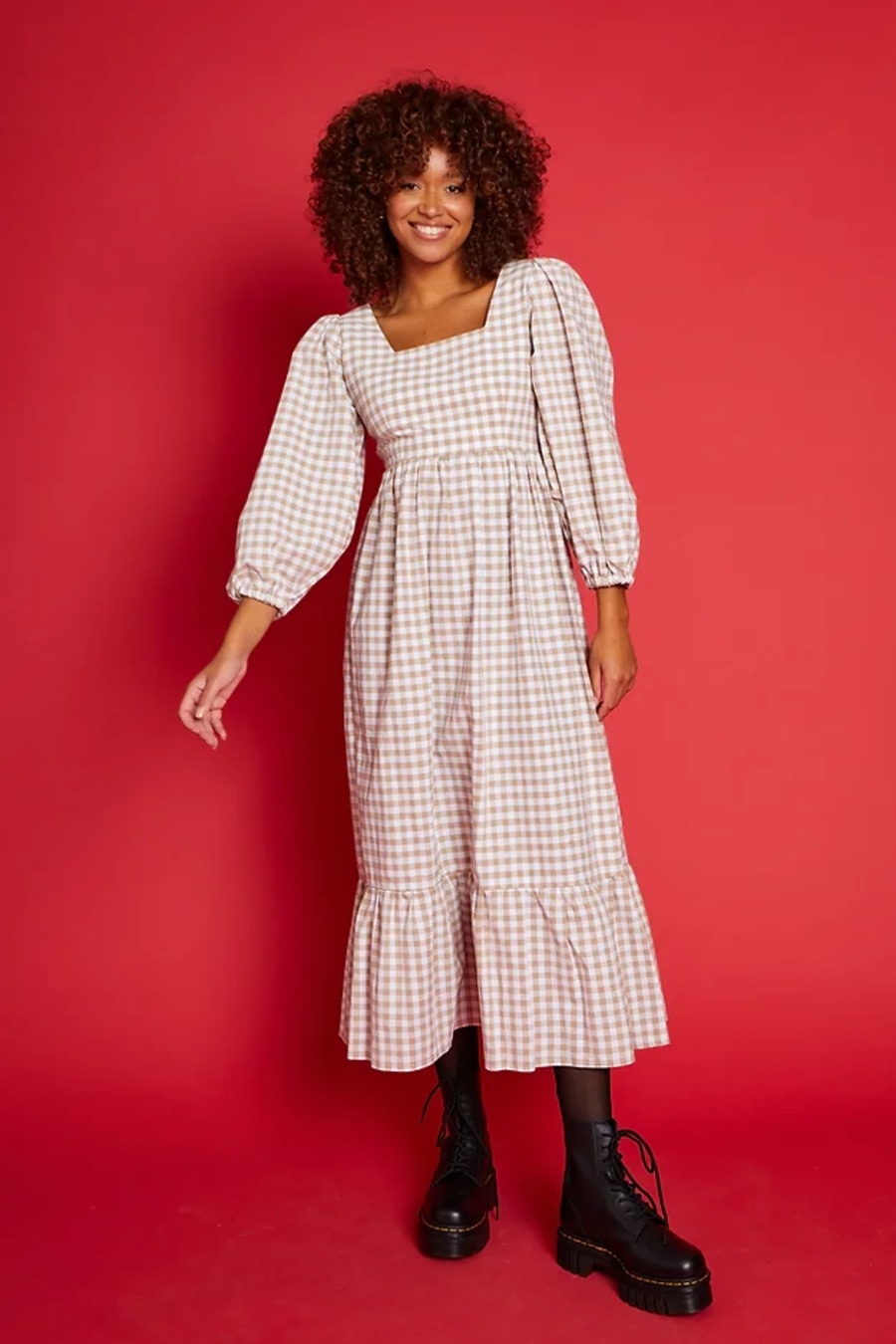 New Look + Petite Pink Gingham Shirred Puff Sleeve Midi Dress