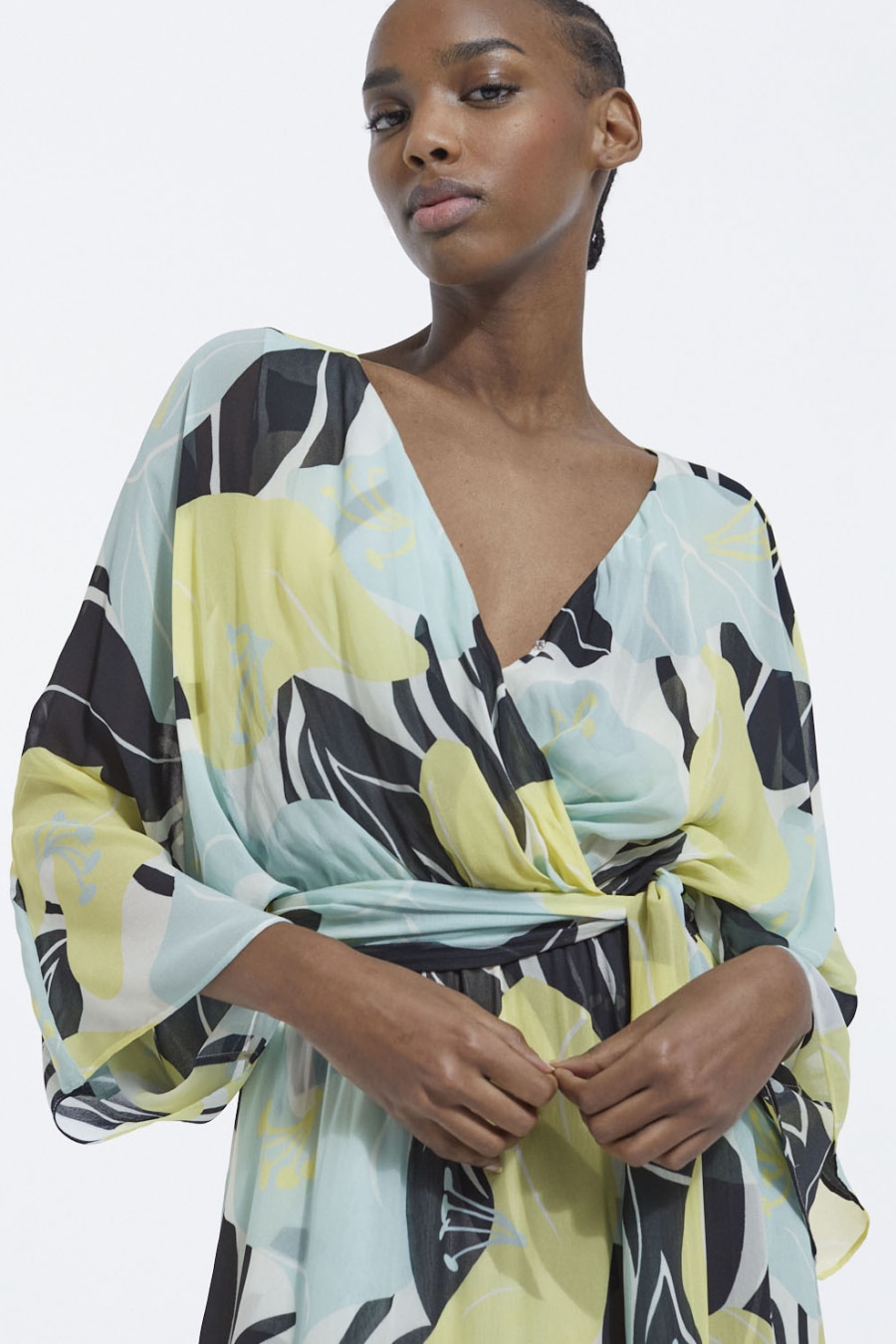Green and white floral wrap clearance dress