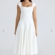 Raisa Square-Neck White Twill Midi Dress