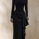 Starred Black High-Neck Maxi Dress With Satin Wrap-Skirt And Embellished Cuffs