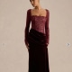 Finesse Burgundy Lace And Velvet Square-Neck Maxi Dress With Draped Skirt