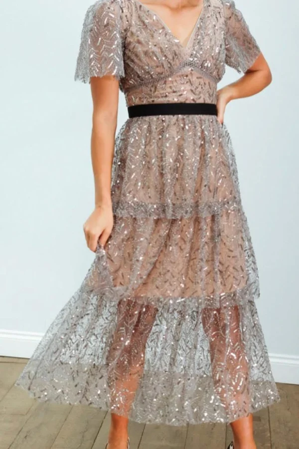 self portrait grey leaf sequin mini dress Rent mesh midi - Self-Portrait boutique midi dress