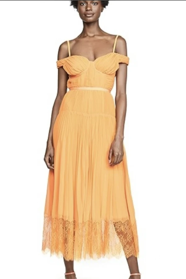 self portrait dress orange Rent Self-Portrait Off-Shoulder Pleated Orange Chiffon Dress - Self-Portrait